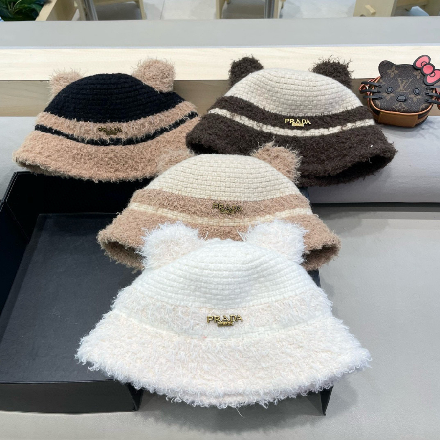 PRADA 프라다 귀여운 곰돌이 니트 버킷햇 - 겨울 신상 양털 퍼모자 5