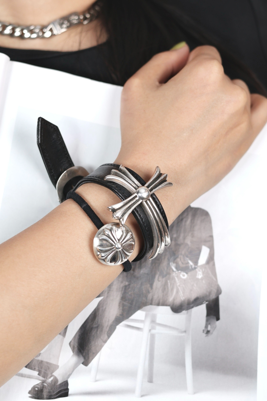 Chrome Hearts Japanese Buckle Large Cross Leather Bracelet 크롬하츠 일자 버클 라지 크로스 레더 브레이슬릿 18