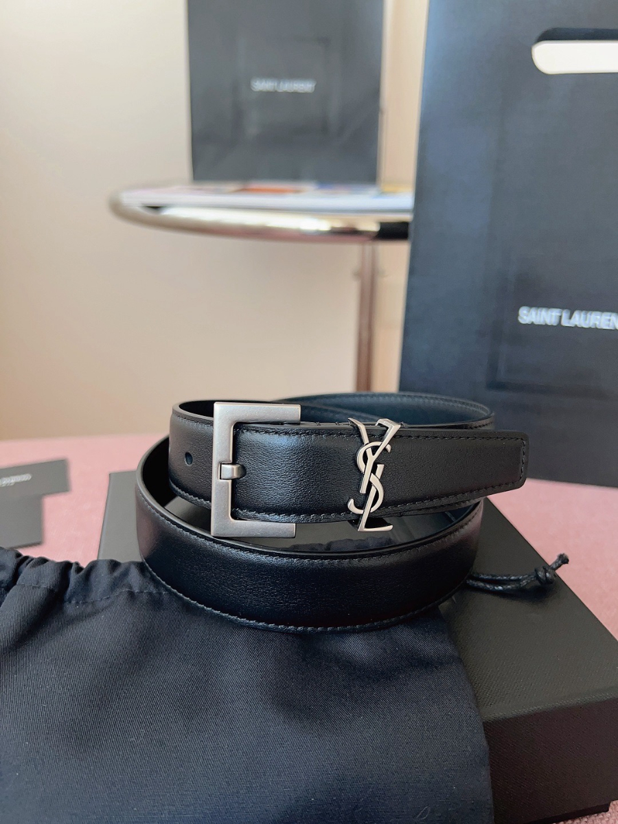 SAINT LAURENT Monogram Leather Belt 생로랑 모노그램 가죽 벨트 폭 3cm 실버 2