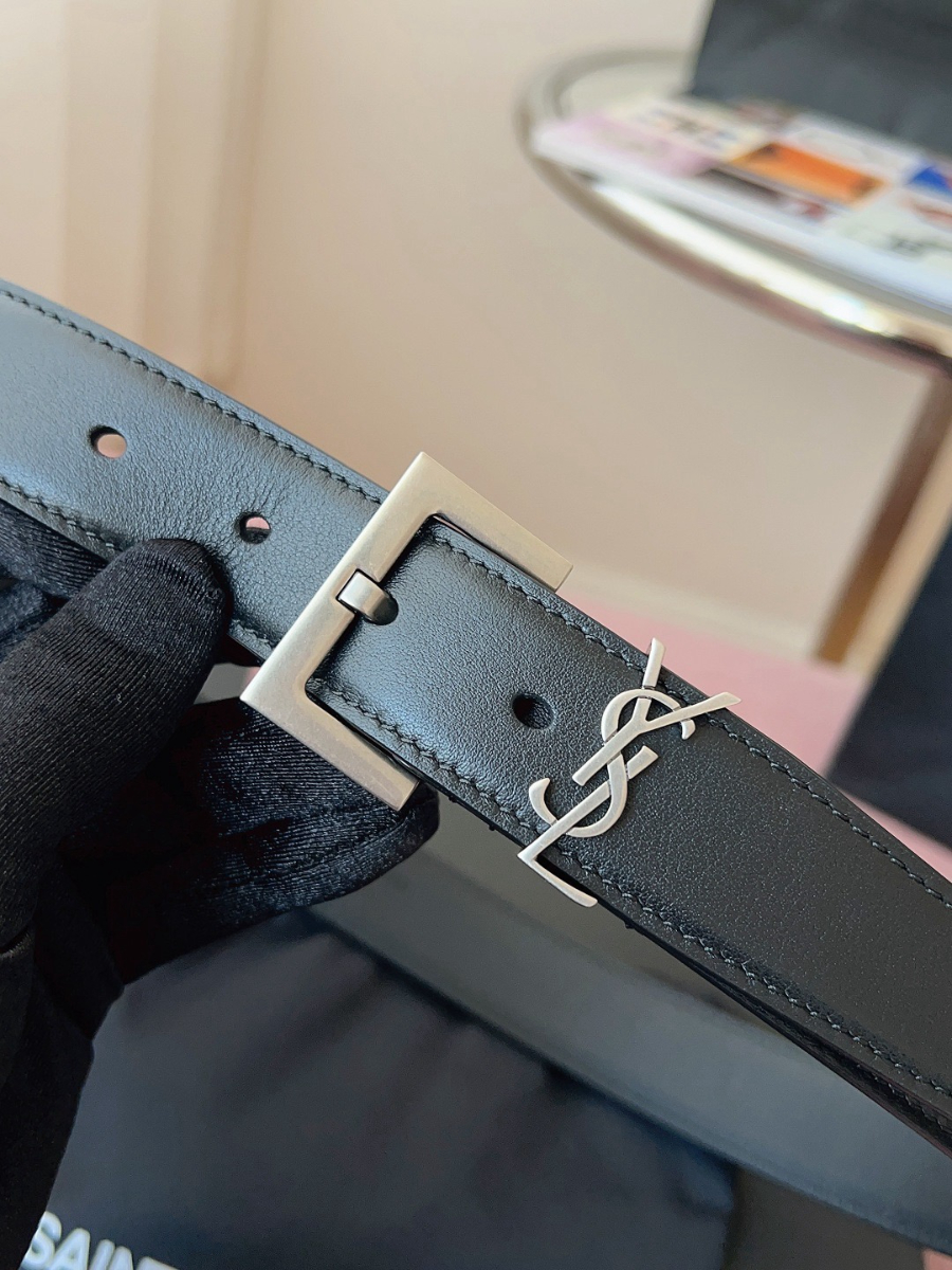 SAINT LAURENT Monogram Leather Belt 생로랑 모노그램 가죽 벨트 폭 3cm 실버 5