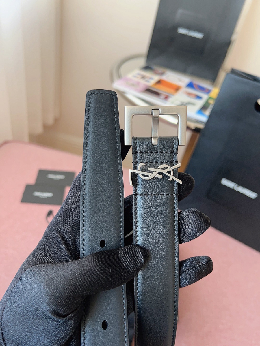SAINT LAURENT Monogram Leather Belt 생로랑 모노그램 가죽 벨트 폭 3cm 실버 6