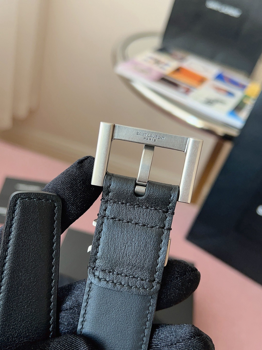 SAINT LAURENT Monogram Leather Belt 생로랑 모노그램 가죽 벨트 폭 3cm 실버 7