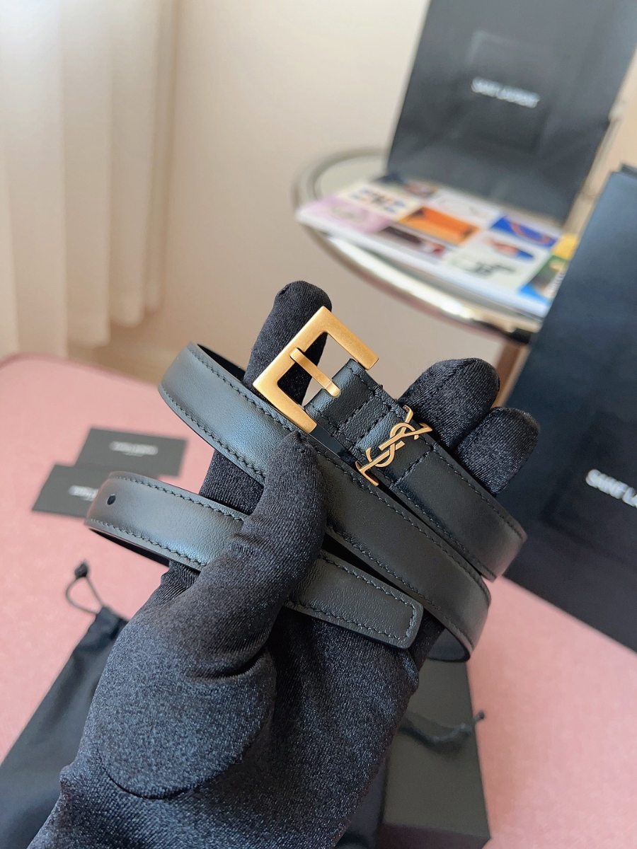 SAINT LAURENT Slim Monogram Leather Belt 생로랑 슬림 모노그램 가죽 벨트 폭2cm 브론 1