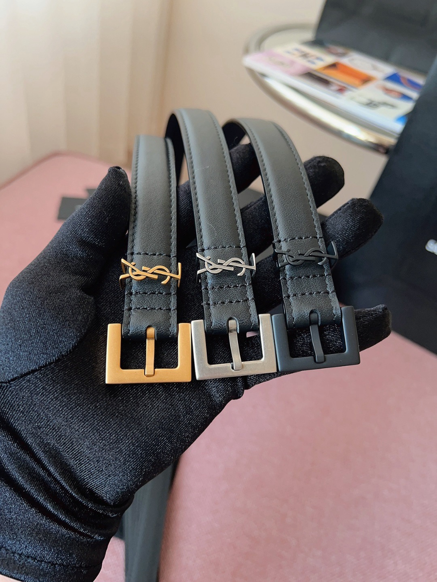 SAINT LAURENT Slim Monogram Leather Belt 생로랑 슬림 모노그램 가죽 벨트 폭2cm 브론 9