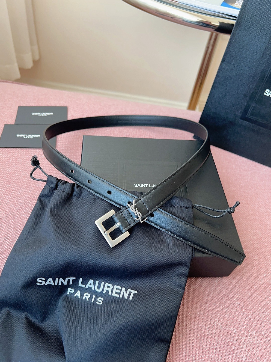 SAINT LAURENT Slim Monogram Leather Belt 생로랑 슬림 모노그램 가죽 벨트 폭2cm 실버 3