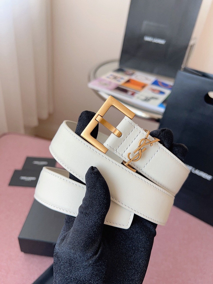 SAINT LAURENT Monogram Leather Belt White 생로랑 모노그램 가죽 벨트 폭 3cm 화이트 1