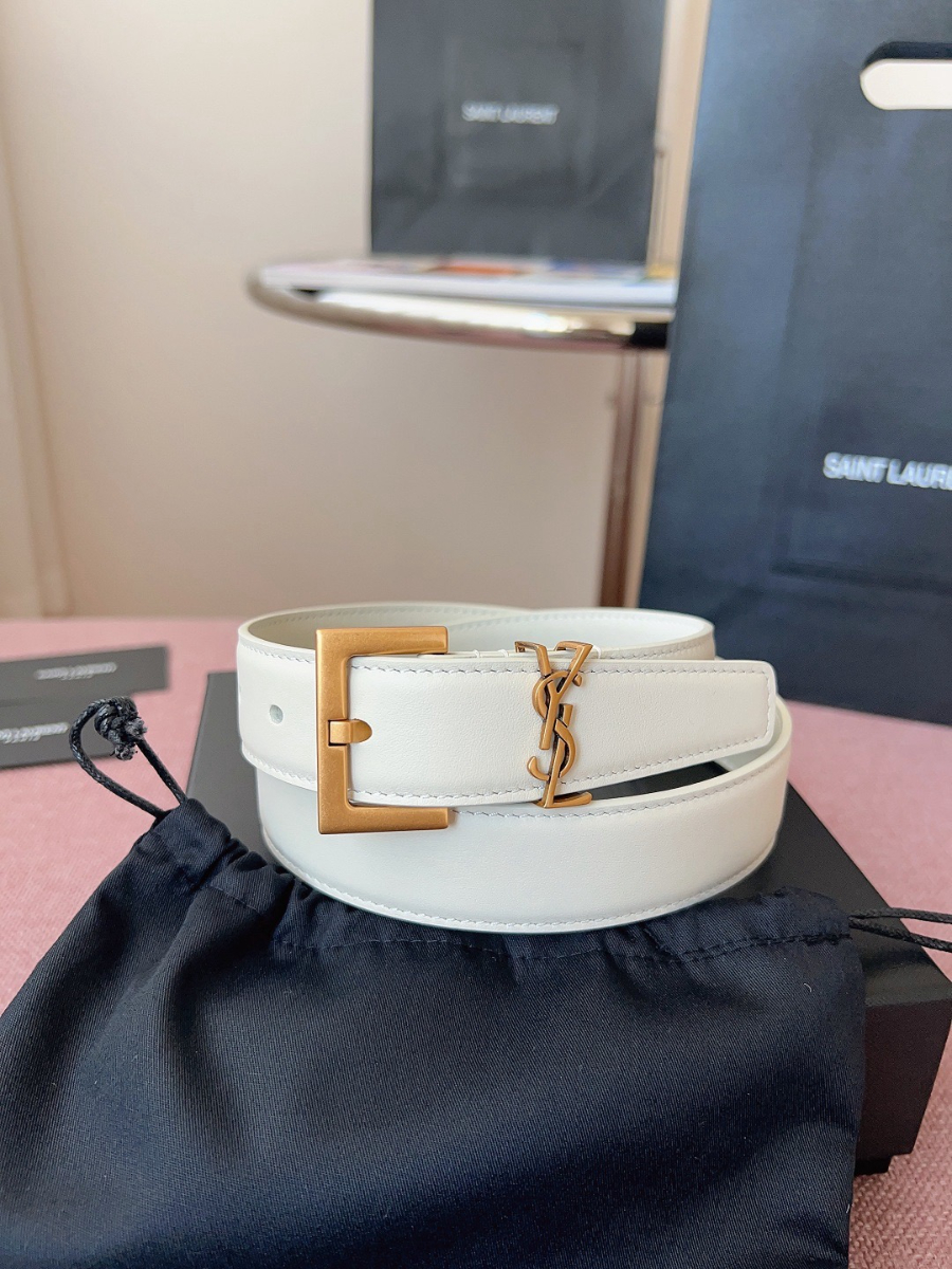 SAINT LAURENT Monogram Leather Belt White 생로랑 모노그램 가죽 벨트 폭 3cm 화이트 2