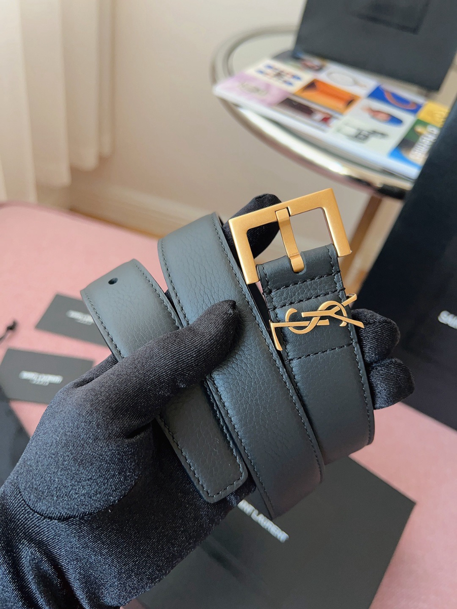 SAINT LAURENT Monogram Leather Belt Black 생로랑 모노그램 가죽 벨트 폭3cm 브론즈 1