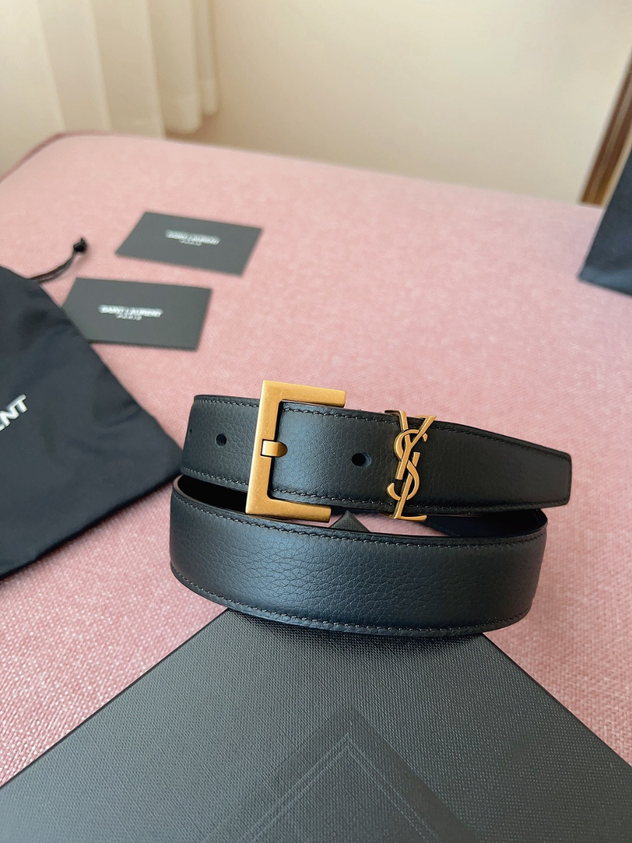 SAINT LAURENT Monogram Leather Belt Black 생로랑 모노그램 가죽 벨트 폭3cm 브론즈 2