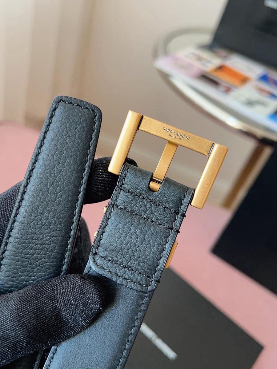 SAINT LAURENT Monogram Leather Belt Black 생로랑 모노그램 가죽 벨트 폭3cm 브론즈 8