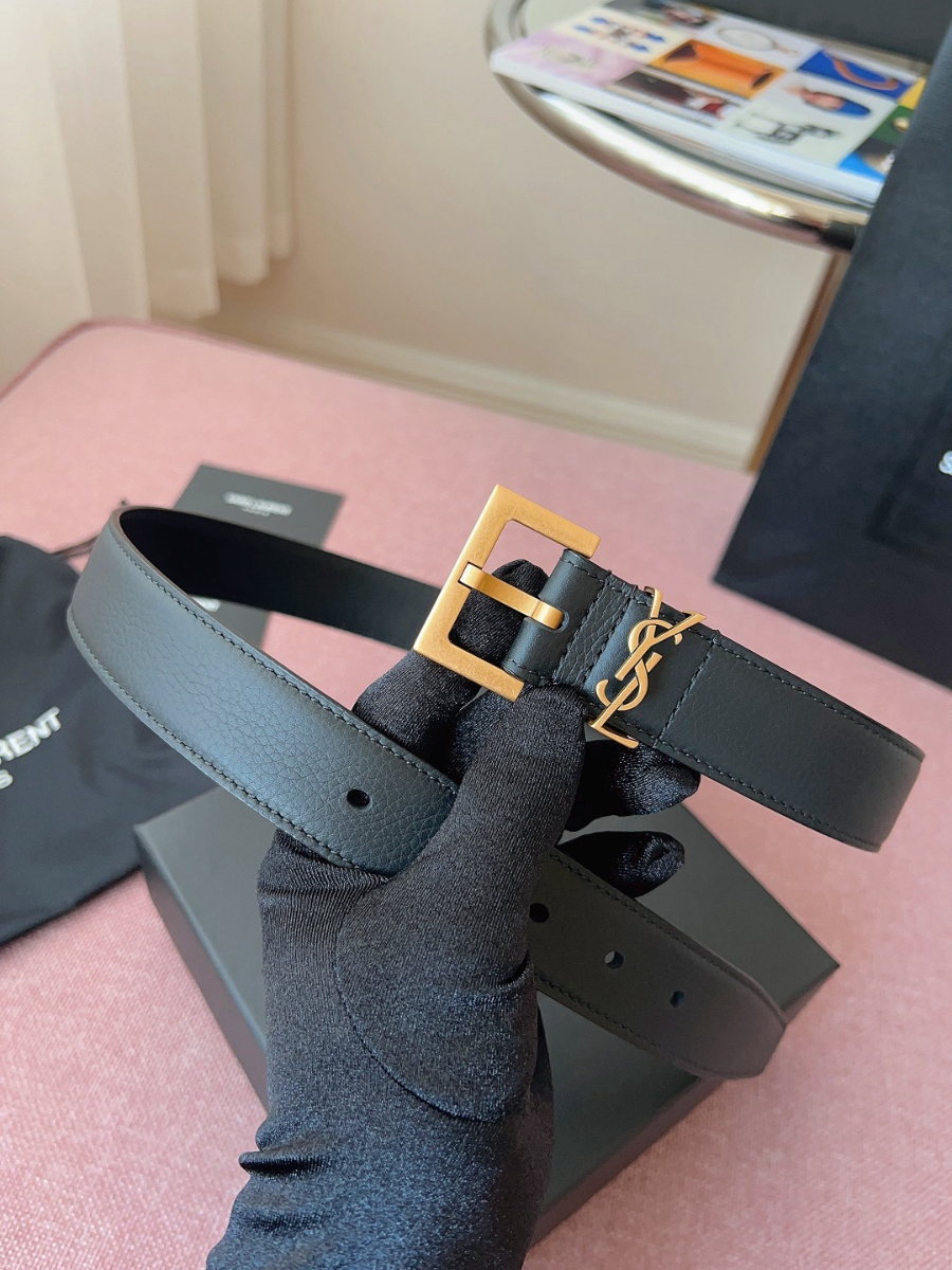 SAINT LAURENT Monogram Leather Belt Black 생로랑 모노그램 가죽 벨트 폭3cm 브론즈 9