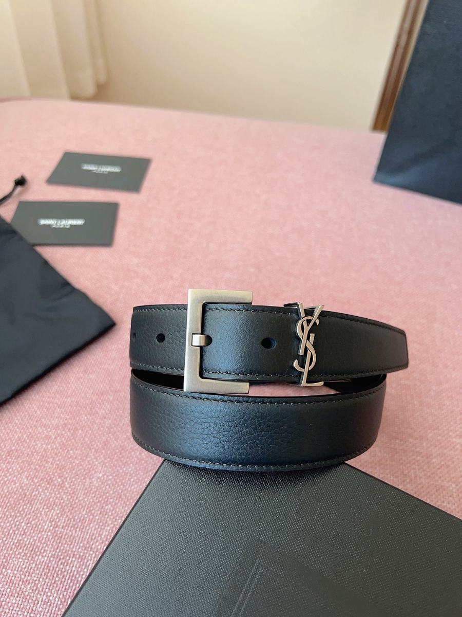 SAINT LAURENT Monogram Leather Belt Black 생로랑 모노그램 가죽 벨트 폭3cm 실버 2