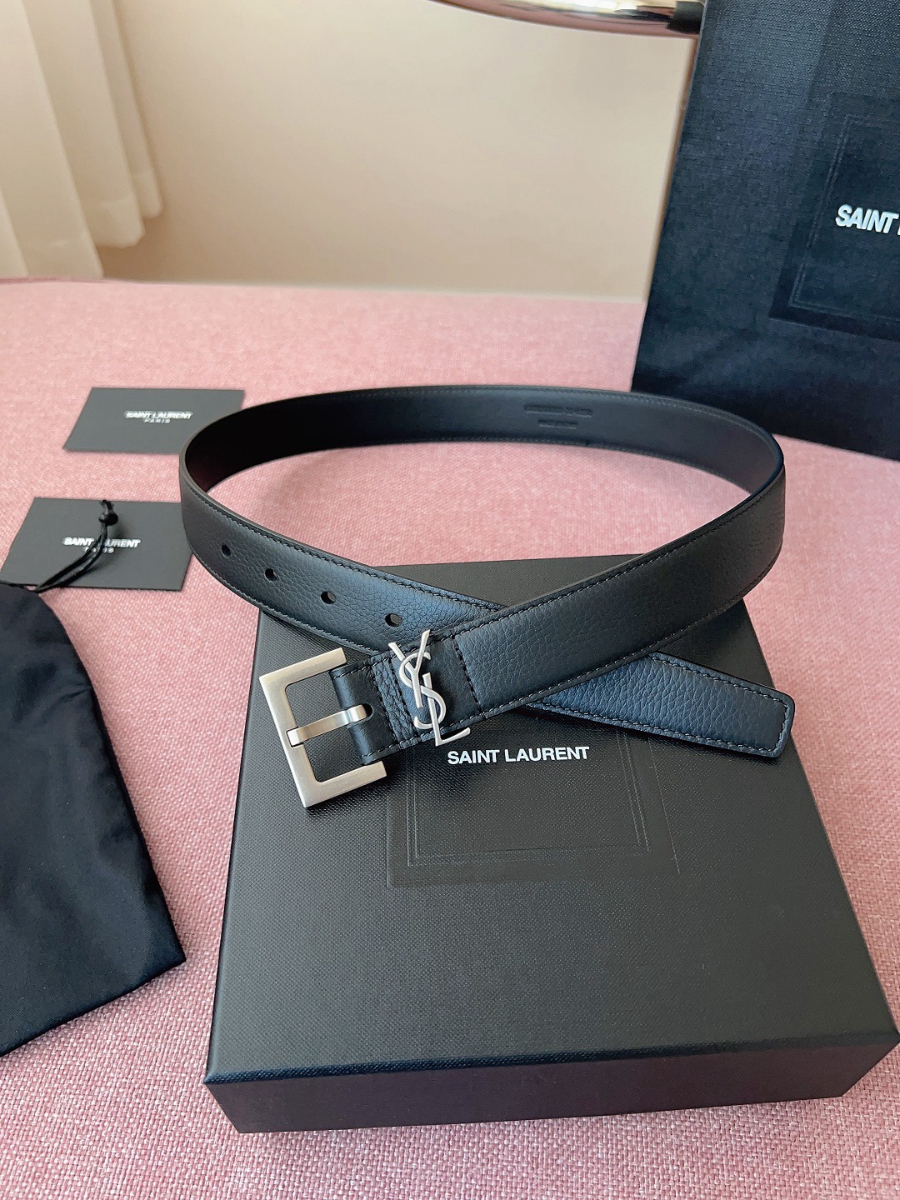 SAINT LAURENT Monogram Leather Belt Black 생로랑 모노그램 가죽 벨트 폭3cm 실버 3