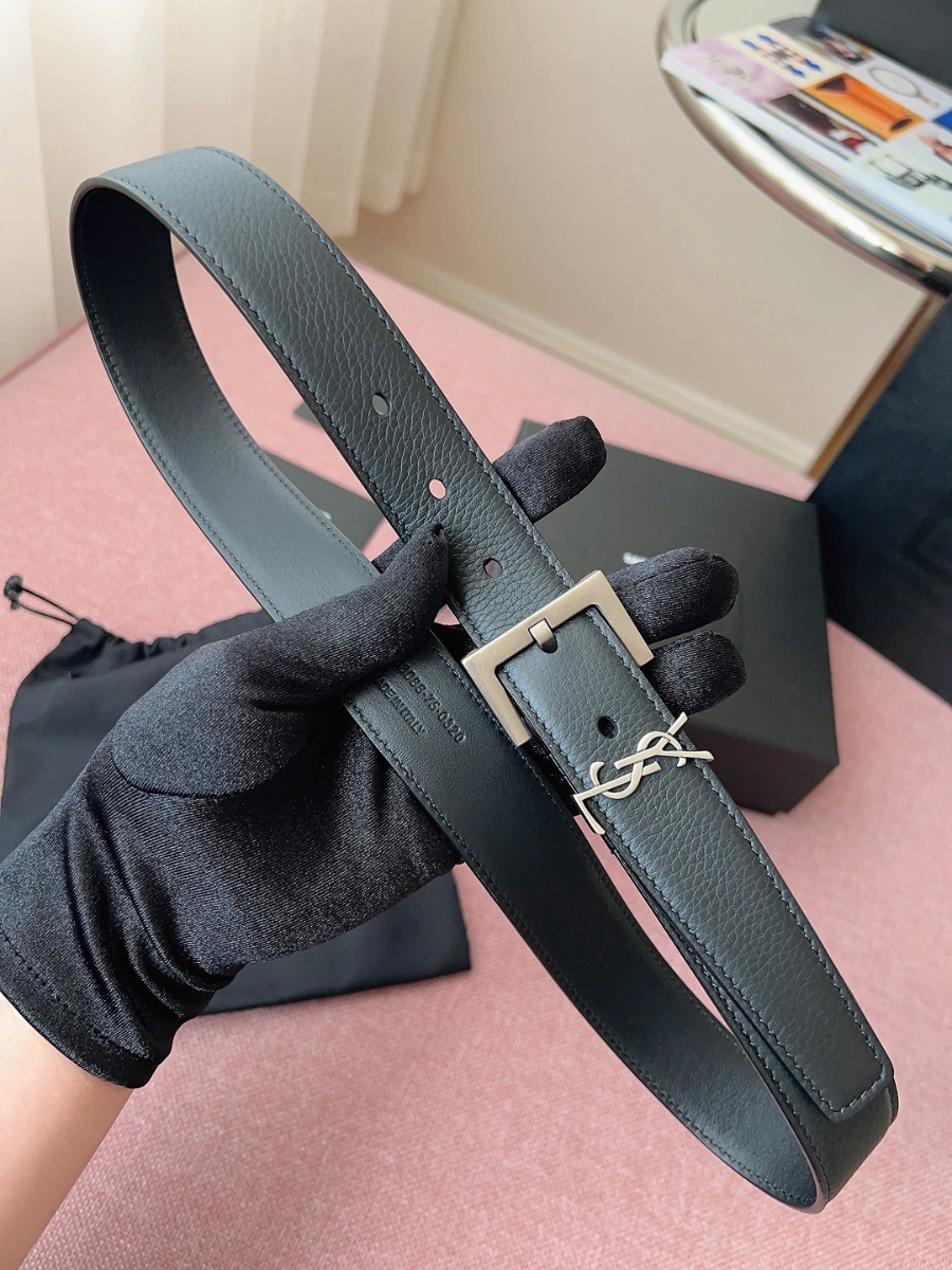 SAINT LAURENT Monogram Leather Belt Black 생로랑 모노그램 가죽 벨트 폭3cm 실버 4