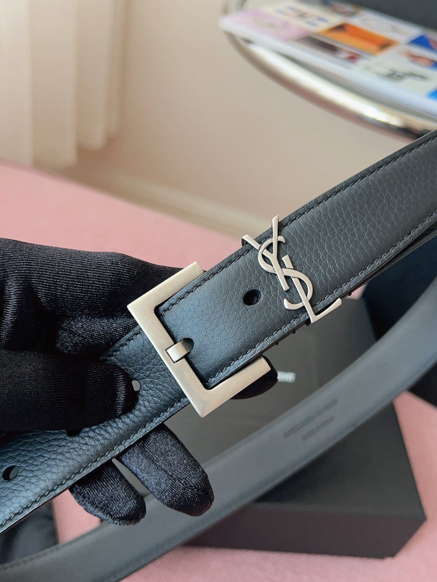 SAINT LAURENT Monogram Leather Belt Black 생로랑 모노그램 가죽 벨트 폭3cm 실버 5