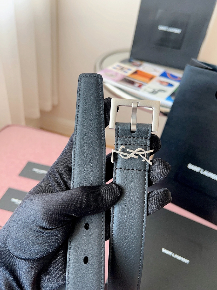 SAINT LAURENT Monogram Leather Belt Black 생로랑 모노그램 가죽 벨트 폭3cm 실버 6