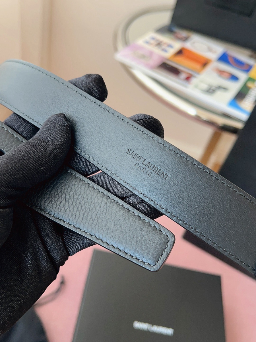 SAINT LAURENT Monogram Leather Belt Black 생로랑 모노그램 가죽 벨트 폭3cm 실버 7