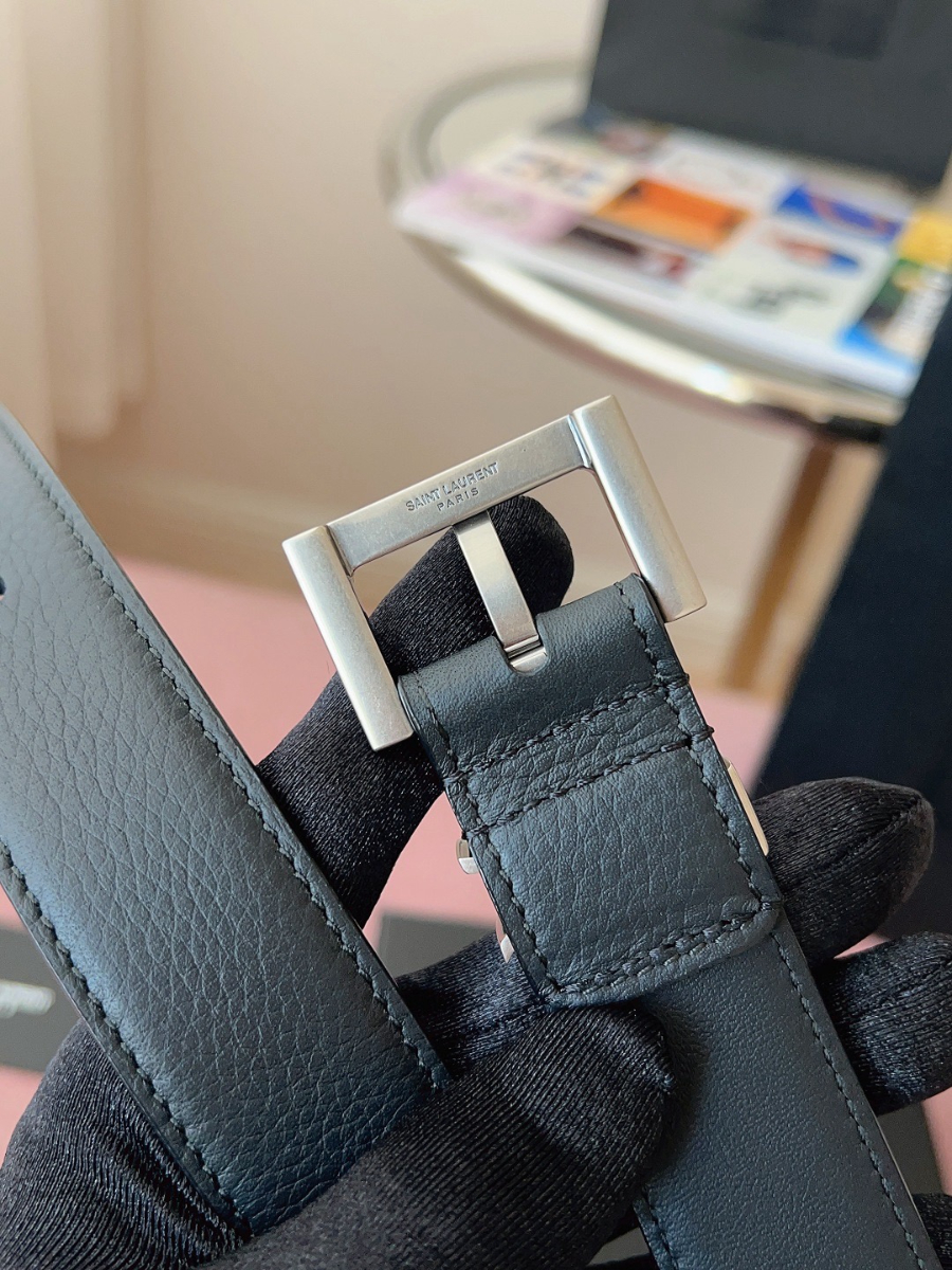 SAINT LAURENT Monogram Leather Belt Black 생로랑 모노그램 가죽 벨트 폭3cm 실버 8