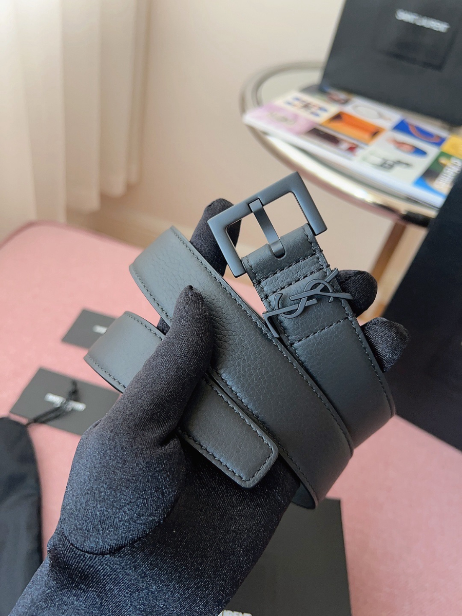 SAINT LAURENT Monogram Leather Belt Black 생로랑 모노그램 가죽 벨트 폭3cm 블랙 1