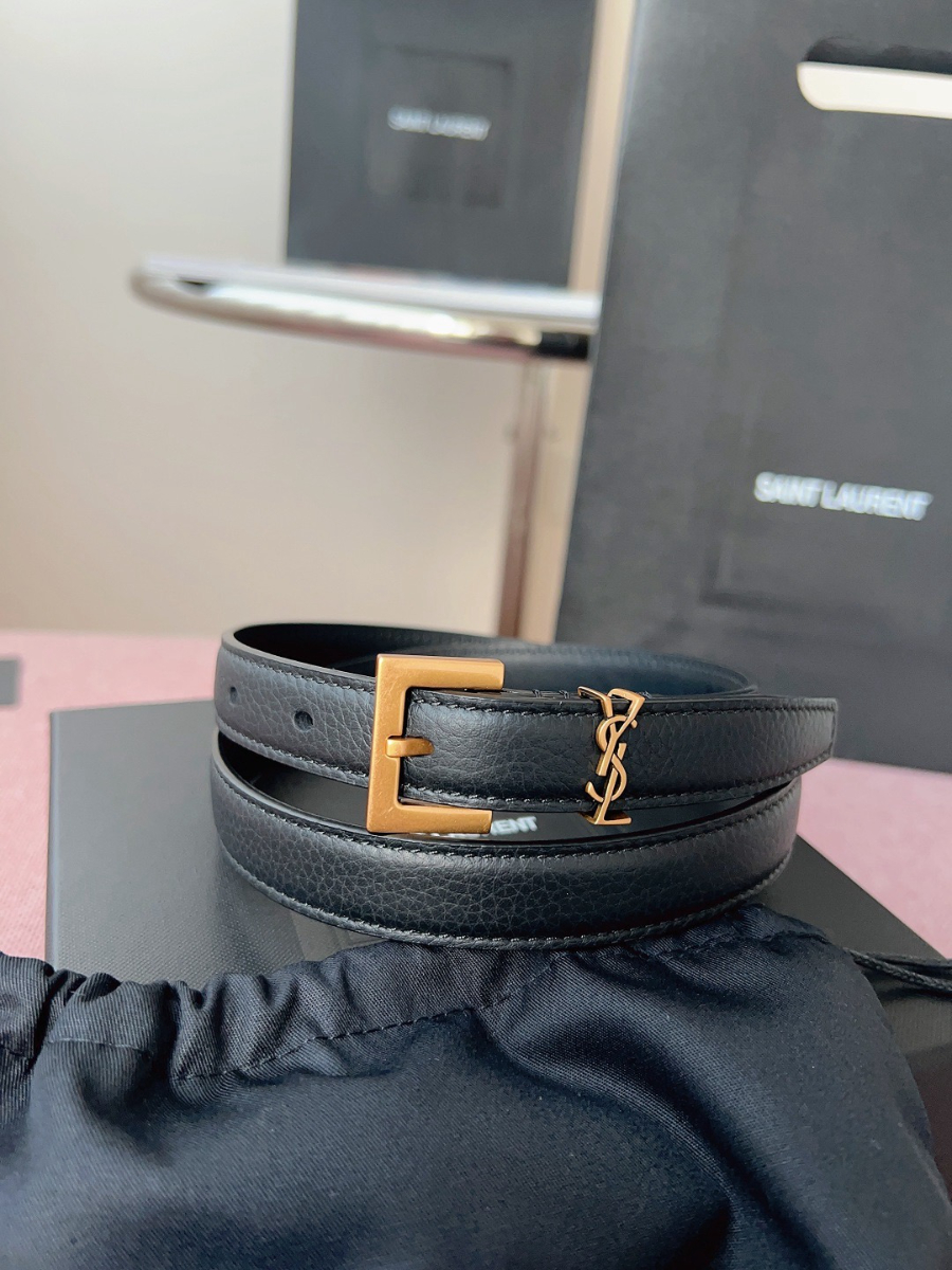 SAINT LAURENT Slim Monogram Leather Belt Black 생로랑 슬림 모노그램 가죽 벨트 폭 2cm 브론즈 2