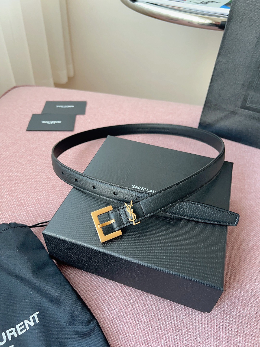 SAINT LAURENT Slim Monogram Leather Belt Black 생로랑 슬림 모노그램 가죽 벨트 폭 2cm 브론즈 3