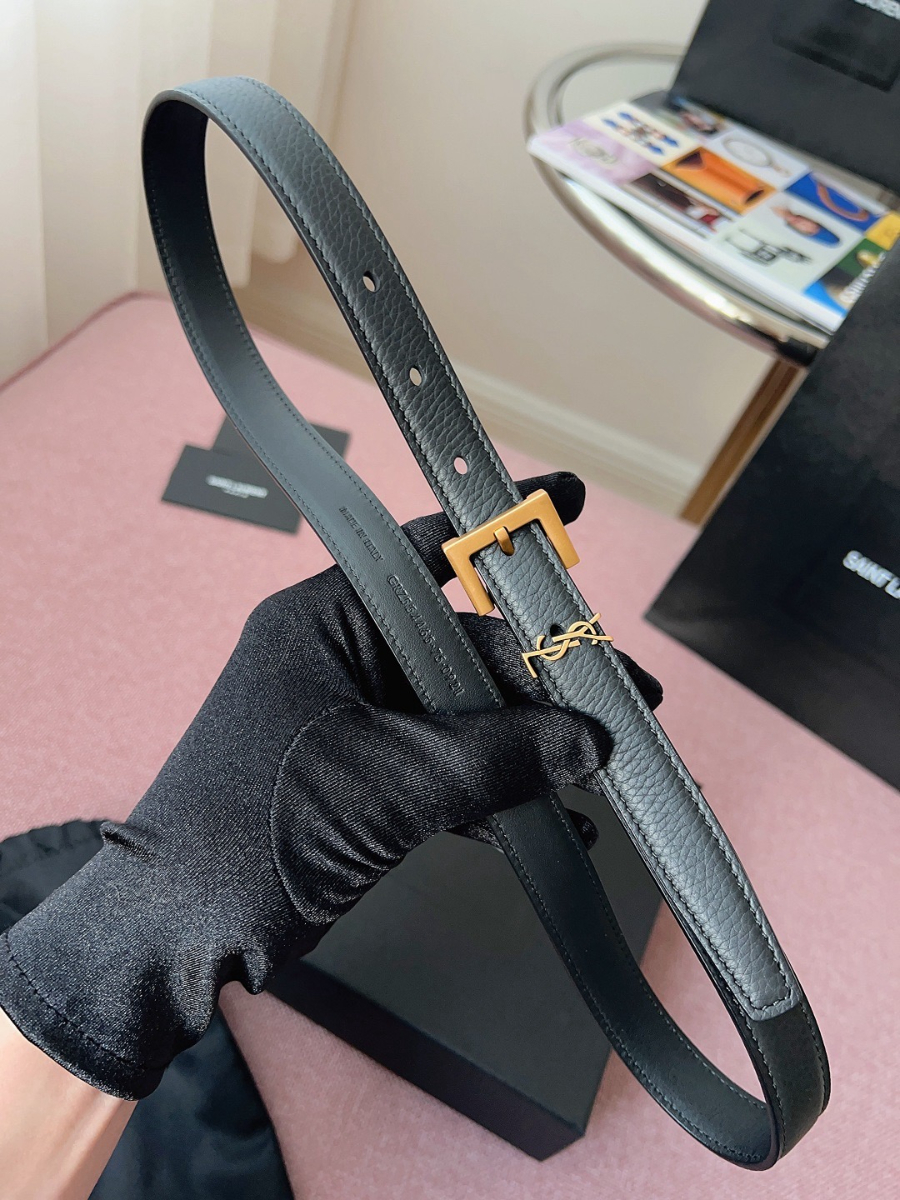 SAINT LAURENT Slim Monogram Leather Belt Black 생로랑 슬림 모노그램 가죽 벨트 폭 2cm 브론즈 4