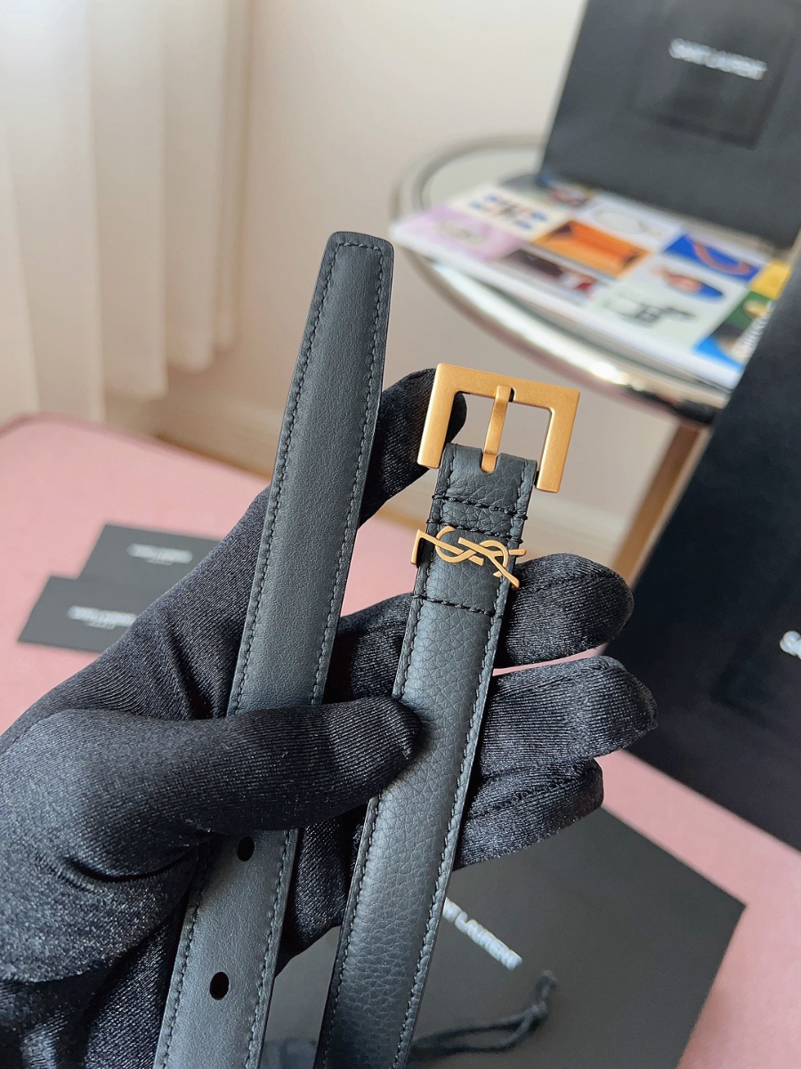 SAINT LAURENT Slim Monogram Leather Belt Black 생로랑 슬림 모노그램 가죽 벨트 폭 2cm 브론즈 6