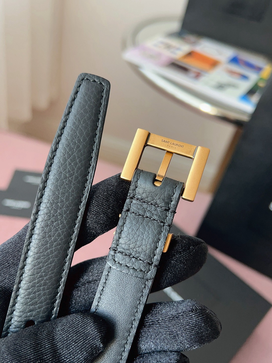 SAINT LAURENT Slim Monogram Leather Belt Black 생로랑 슬림 모노그램 가죽 벨트 폭 2cm 브론즈 7