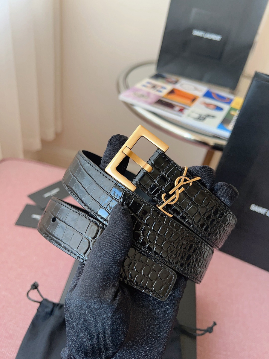 SAINT LAURENT Croc-Embossed Monogram Leather Belt 생로랑 크로커 엠보 모노그램 가죽 벨트 폭3cm 브론즈 1