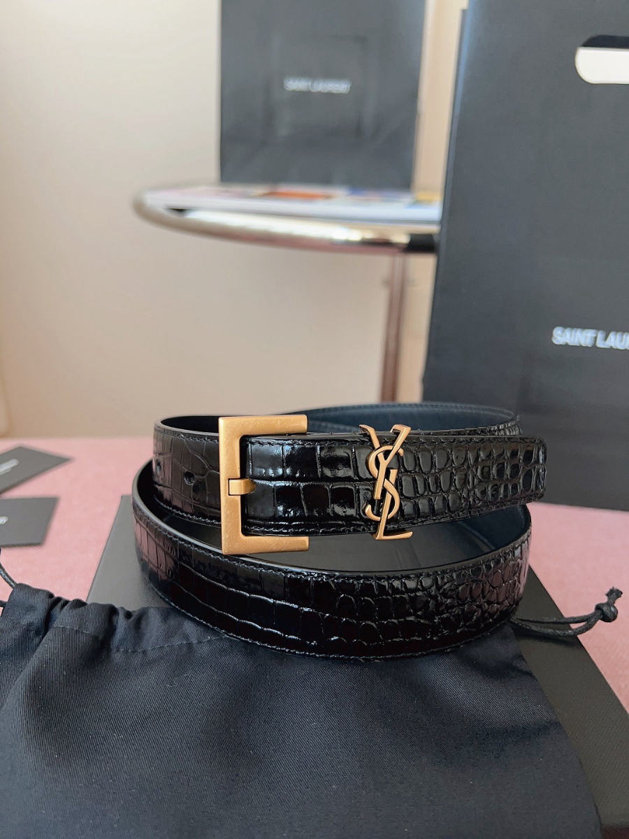 SAINT LAURENT Croc-Embossed Monogram Leather Belt 생로랑 크로커 엠보 모노그램 가죽 벨트 폭3cm 브론즈 2