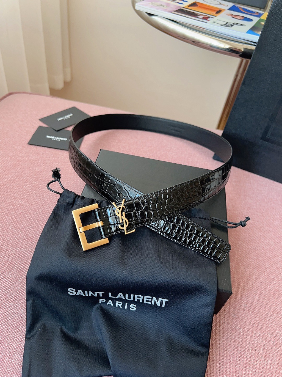 SAINT LAURENT Croc-Embossed Monogram Leather Belt 생로랑 크로커 엠보 모노그램 가죽 벨트 폭3cm 브론즈 3