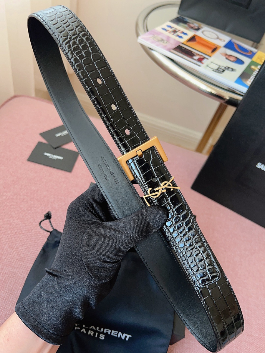 SAINT LAURENT Croc-Embossed Monogram Leather Belt 생로랑 크로커 엠보 모노그램 가죽 벨트 폭3cm 브론즈 4