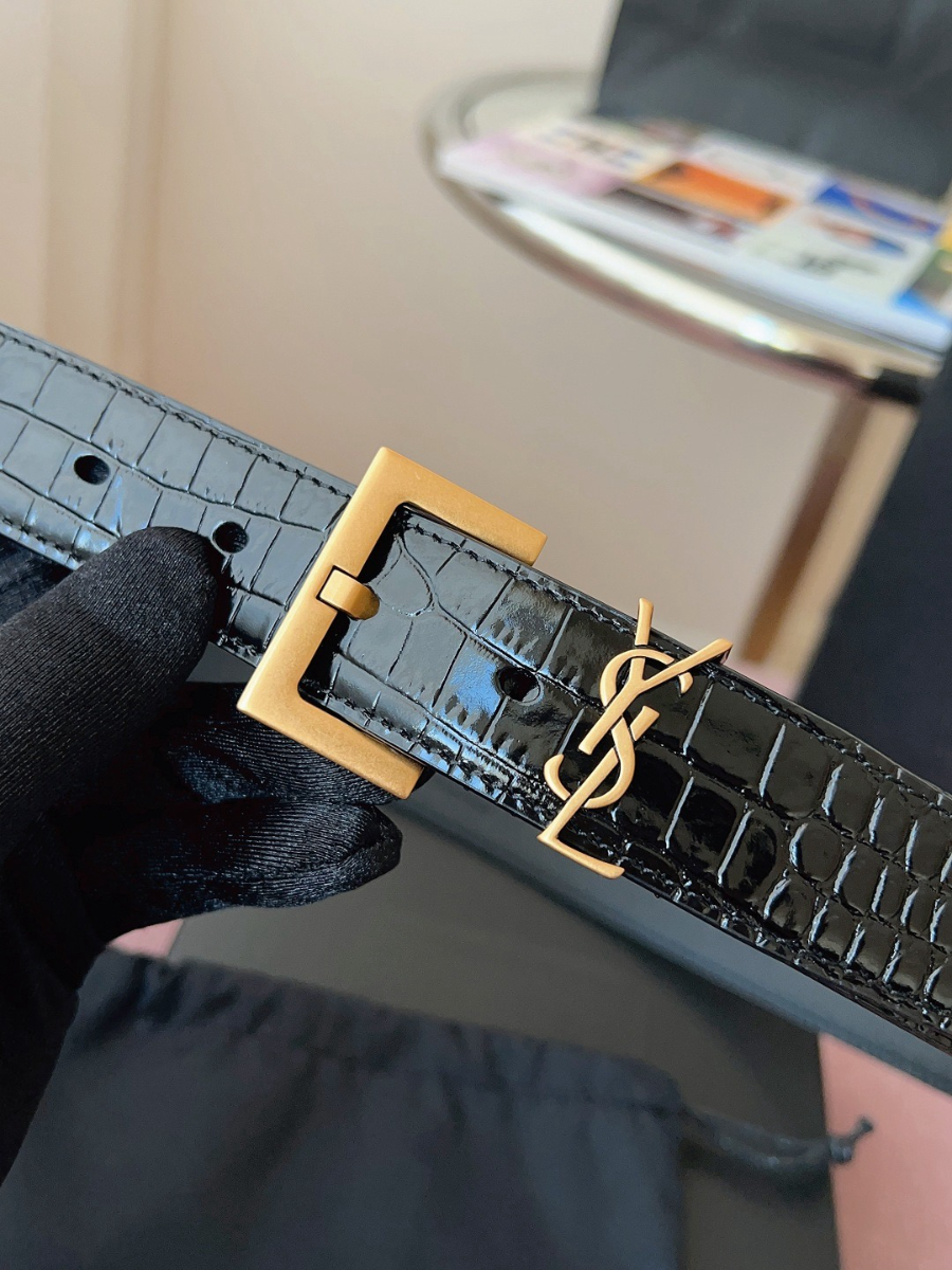 SAINT LAURENT Croc-Embossed Monogram Leather Belt 생로랑 크로커 엠보 모노그램 가죽 벨트 폭3cm 브론즈 5