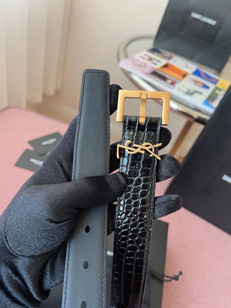 SAINT LAURENT Croc-Embossed Monogram Leather Belt 생로랑 크로커 엠보 모노그램 가죽 벨트 폭3cm 브론즈 6