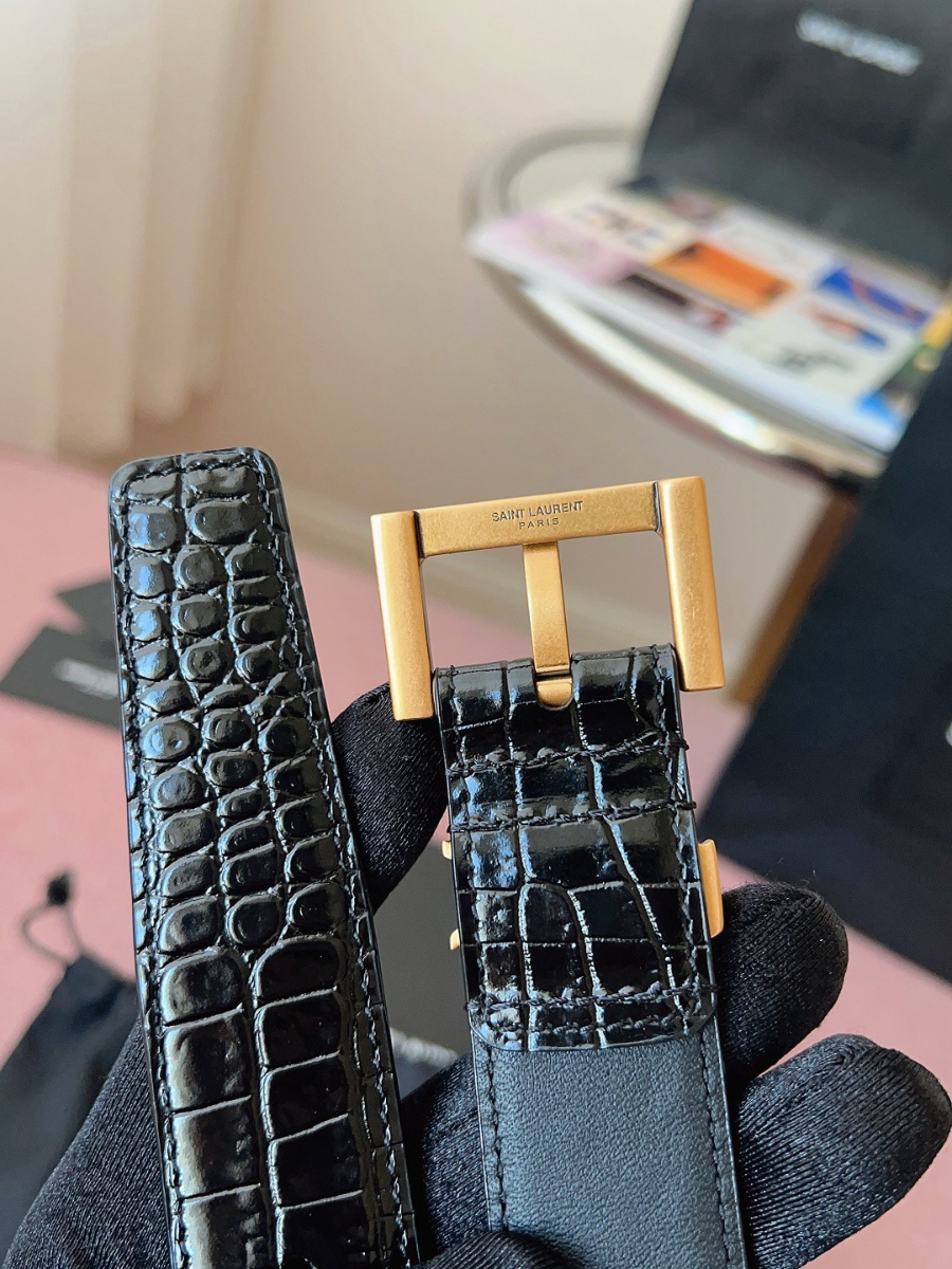 SAINT LAURENT Croc-Embossed Monogram Leather Belt 생로랑 크로커 엠보 모노그램 가죽 벨트 폭3cm 브론즈 8