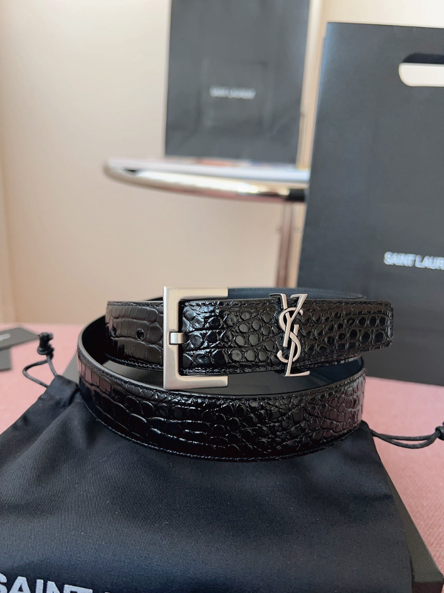 SAINT LAURENT Croc-Embossed Monogram Leather Belt 생로랑 크로커 엠보 모노그램 가죽 벨트 폭3cm 실버 2