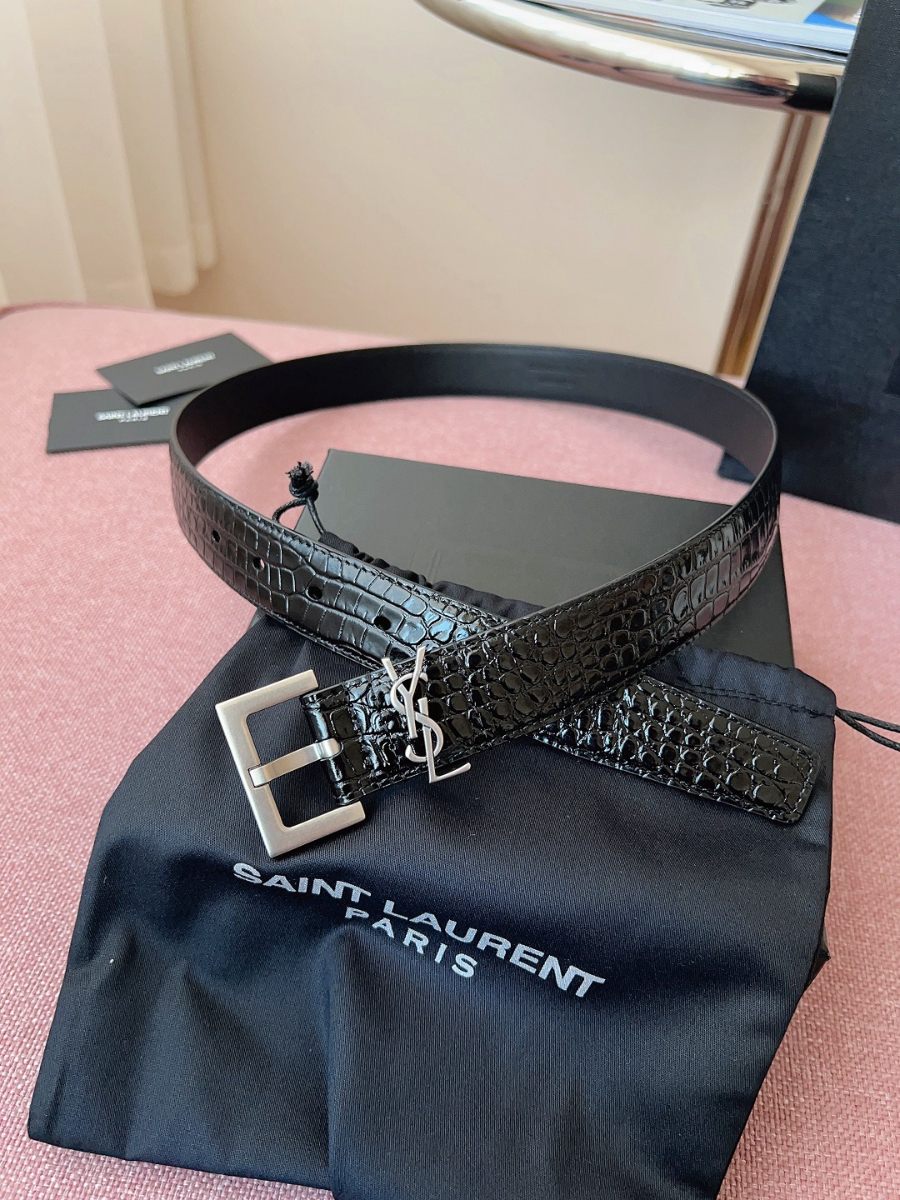 SAINT LAURENT Croc-Embossed Monogram Leather Belt 생로랑 크로커 엠보 모노그램 가죽 벨트 폭3cm 실버 3