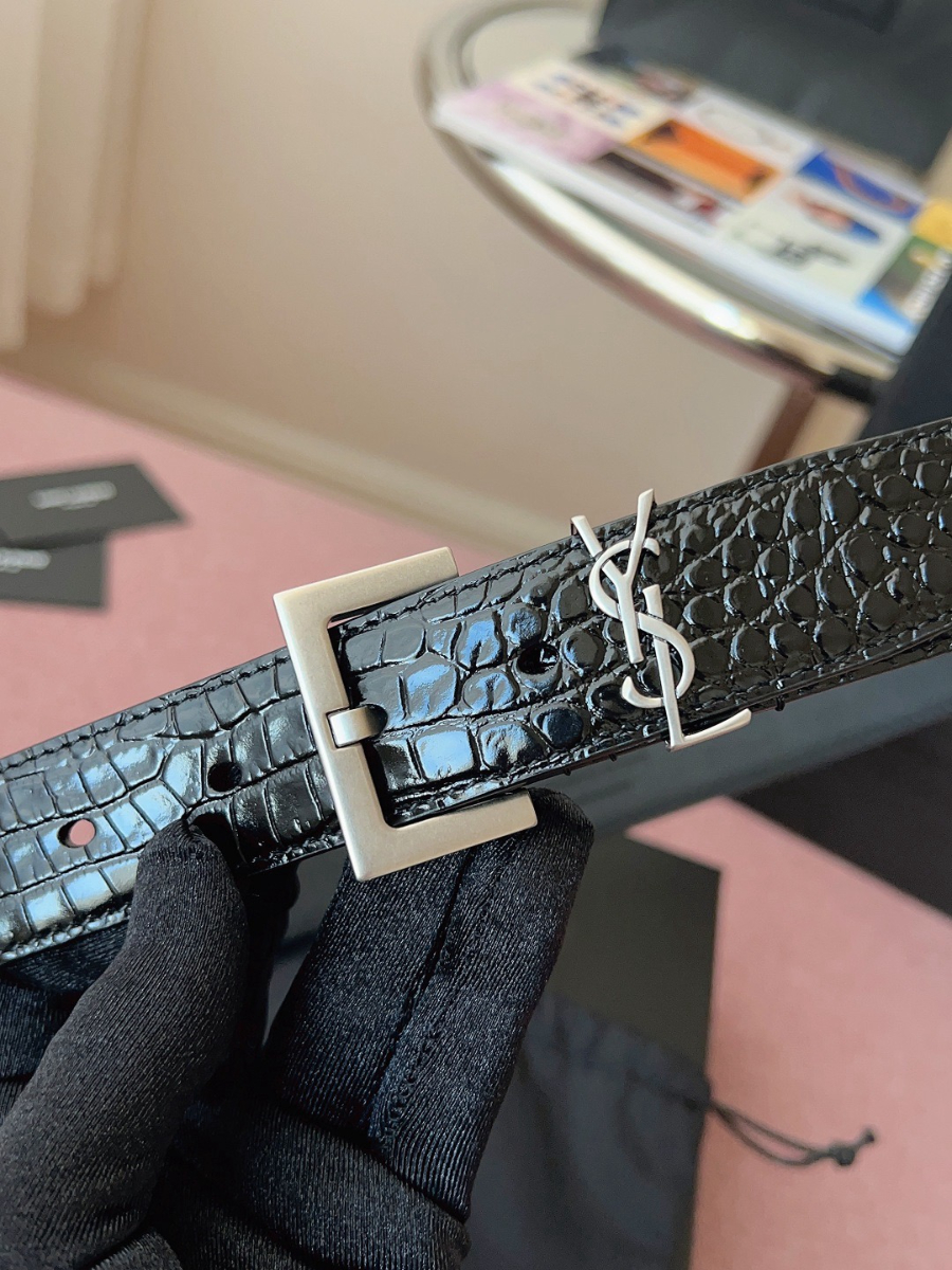 SAINT LAURENT Croc-Embossed Monogram Leather Belt 생로랑 크로커 엠보 모노그램 가죽 벨트 폭3cm 실버 5
