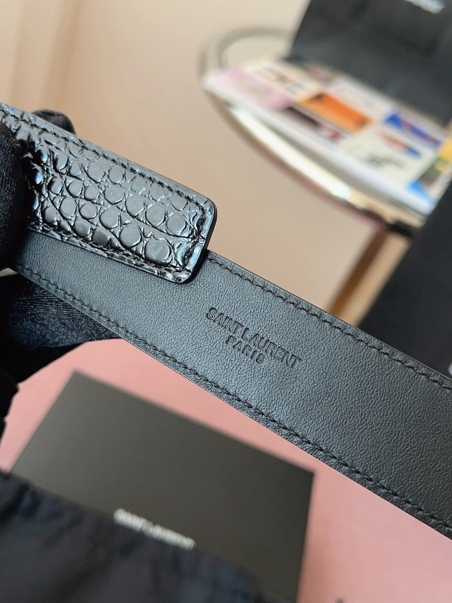 SAINT LAURENT Croc-Embossed Monogram Leather Belt 생로랑 크로커 엠보 모노그램 가죽 벨트 폭3cm 실버 7
