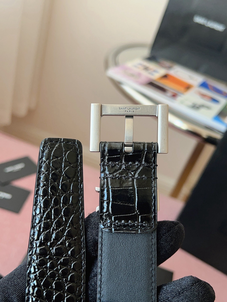 SAINT LAURENT Croc-Embossed Monogram Leather Belt 생로랑 크로커 엠보 모노그램 가죽 벨트 폭3cm 실버 8