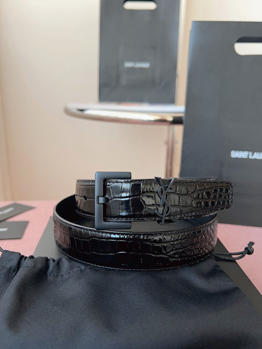 SAINT LAURENT Croc-Embossed Monogram Leather Belt 생로랑 크로커 엠보 모노그램 가죽 벨트 폭3cm 블랙 2