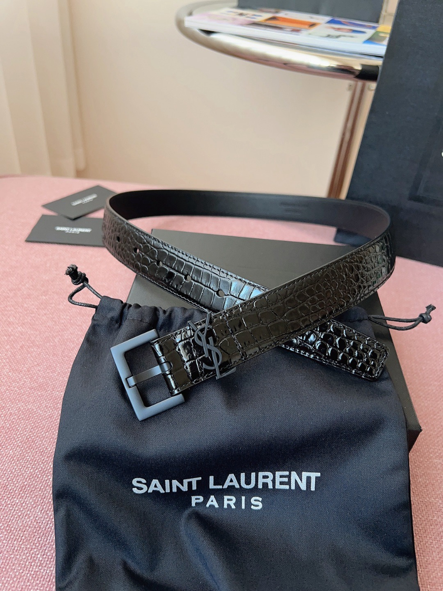 SAINT LAURENT Croc-Embossed Monogram Leather Belt 생로랑 크로커 엠보 모노그램 가죽 벨트 폭3cm 블랙 3