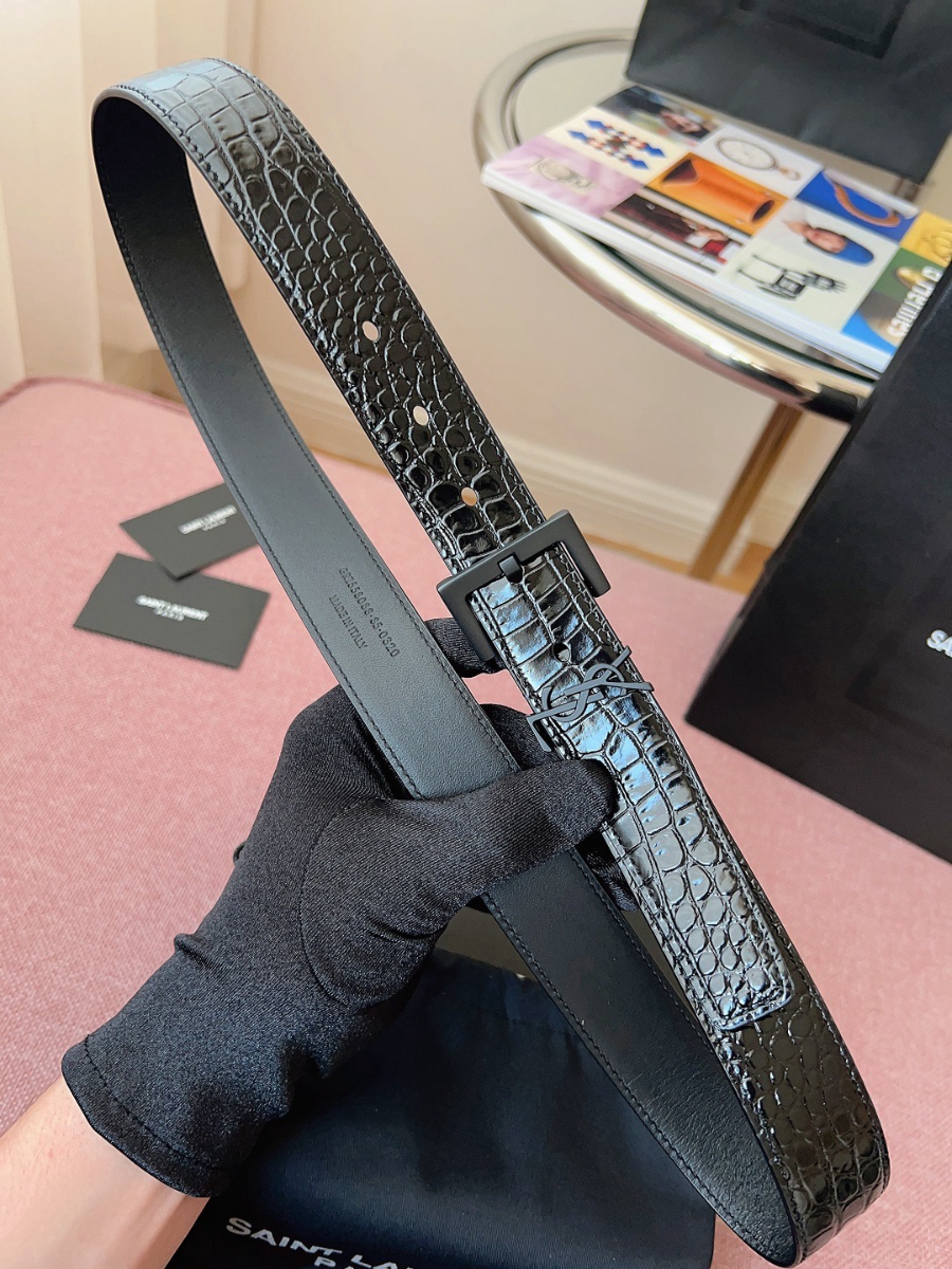 SAINT LAURENT Croc-Embossed Monogram Leather Belt 생로랑 크로커 엠보 모노그램 가죽 벨트 폭3cm 블랙 4
