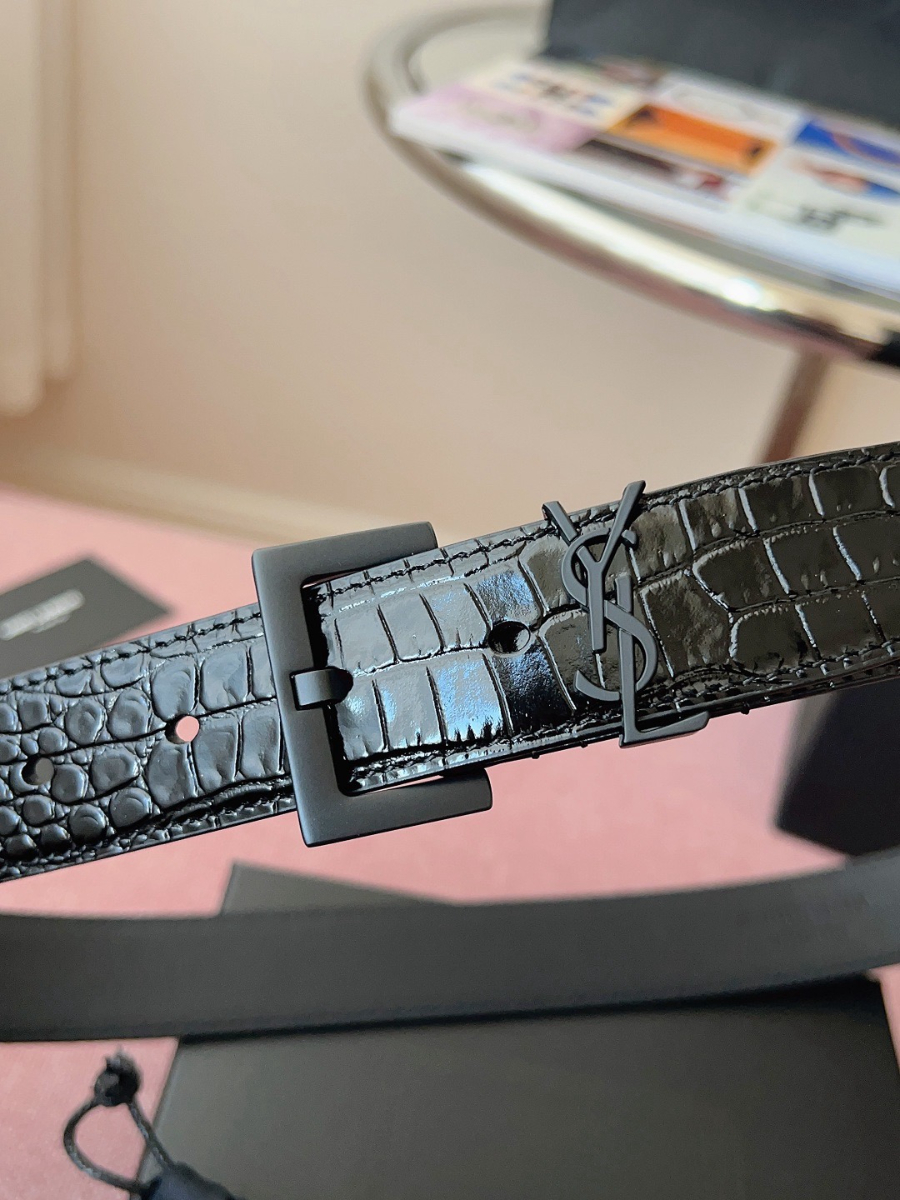 SAINT LAURENT Croc-Embossed Monogram Leather Belt 생로랑 크로커 엠보 모노그램 가죽 벨트 폭3cm 블랙 5