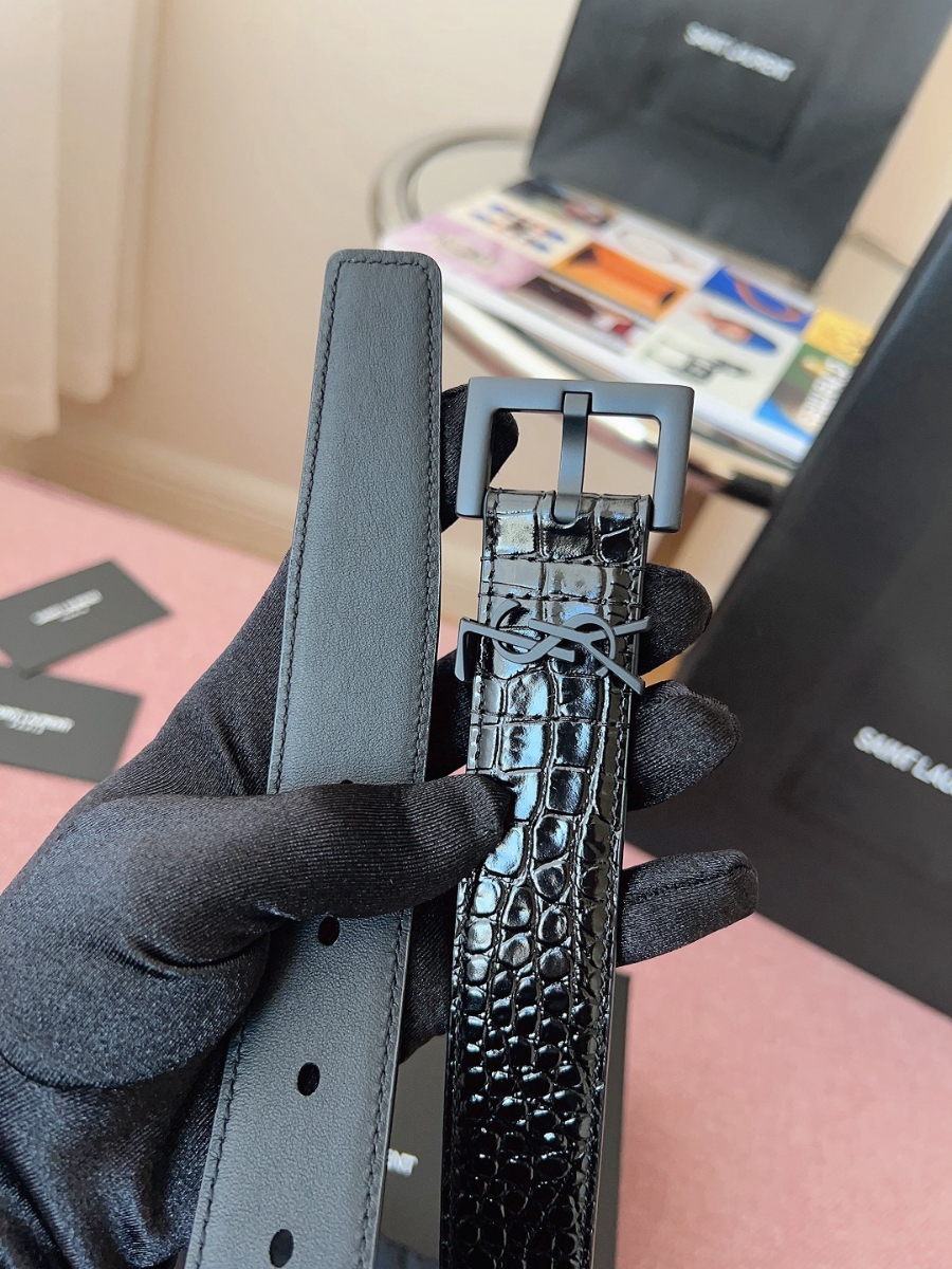SAINT LAURENT Croc-Embossed Monogram Leather Belt 생로랑 크로커 엠보 모노그램 가죽 벨트 폭3cm 블랙 6