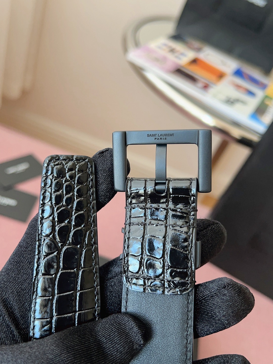 SAINT LAURENT Croc-Embossed Monogram Leather Belt 생로랑 크로커 엠보 모노그램 가죽 벨트 폭3cm 블랙 7