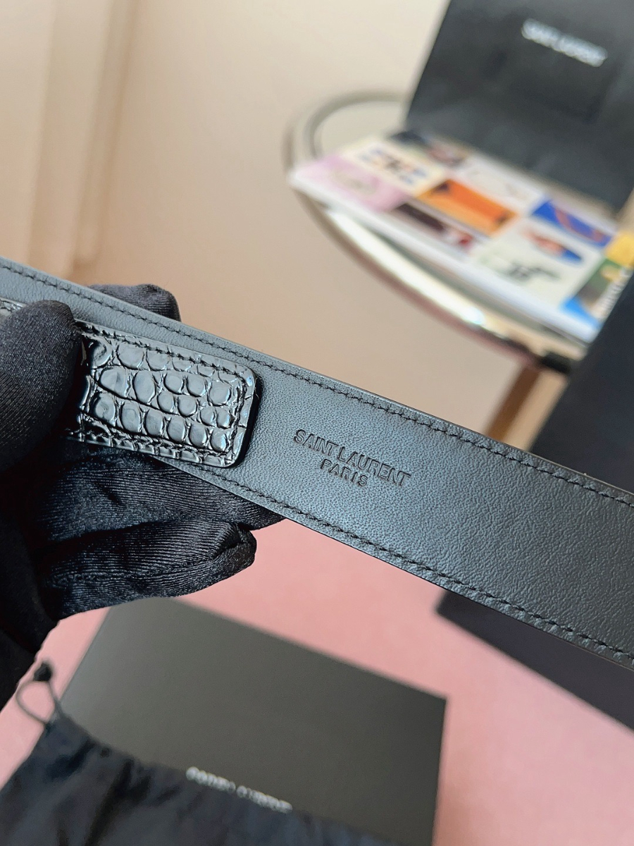 SAINT LAURENT Croc-Embossed Monogram Leather Belt 생로랑 크로커 엠보 모노그램 가죽 벨트 폭3cm 블랙 8