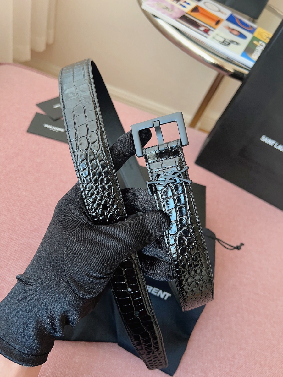 SAINT LAURENT Croc-Embossed Monogram Leather Belt 생로랑 크로커 엠보 모노그램 가죽 벨트 폭3cm 블랙 9