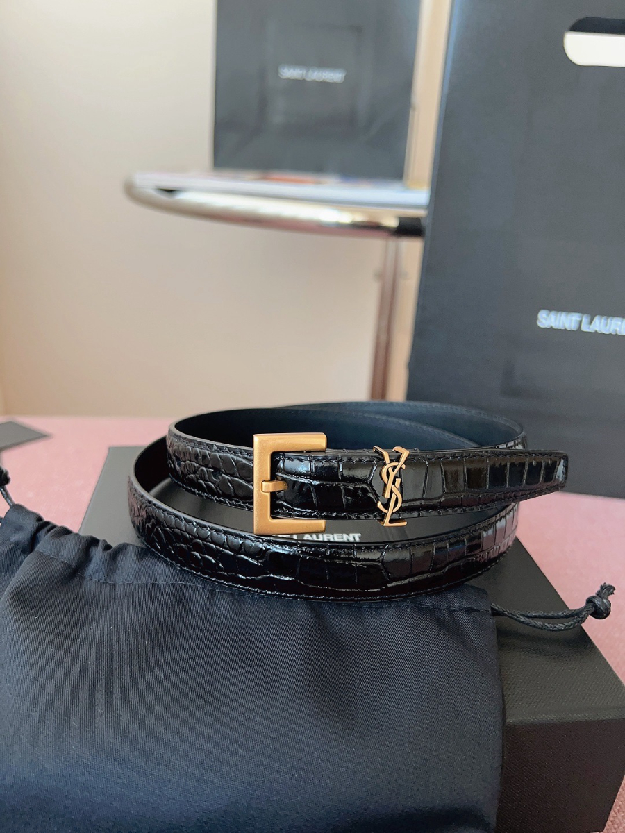 SAINT LAURENT Slim Croc-Embossed Monogram Leather Belt 생로랑 슬림 크로커 엠보 모노그램 가죽 벨트 브론즈 2