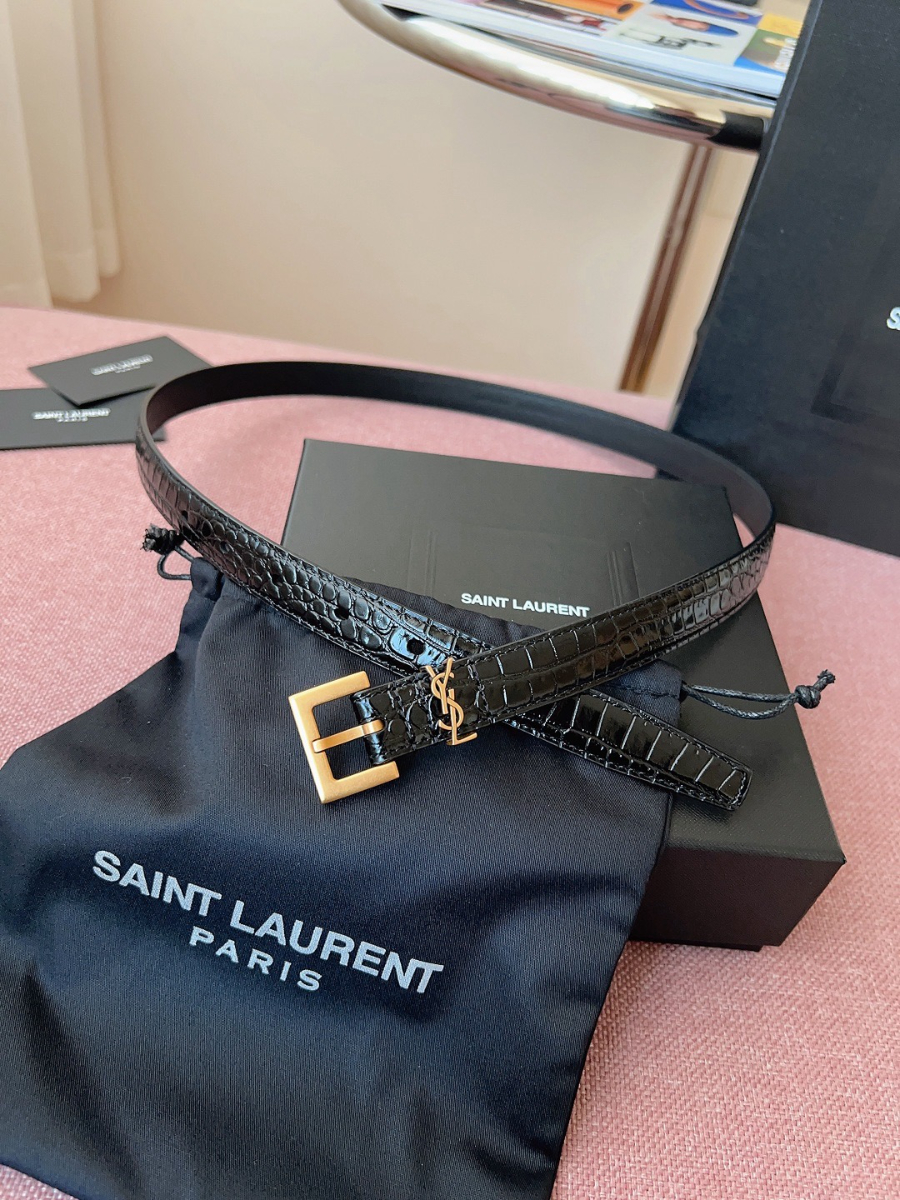 SAINT LAURENT Slim Croc-Embossed Monogram Leather Belt 생로랑 슬림 크로커 엠보 모노그램 가죽 벨트 브론즈 3